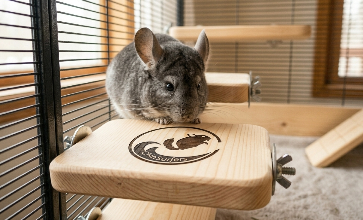 A detailed close-up of a branded Chinsurfers kiln-dried pine corner ledge being used by a grey chinchilla.