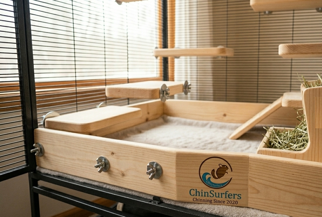 A close-up view of the base of a chinchilla cage featuring a custom kiln-dried pine poop guard and a branded hay feeder
